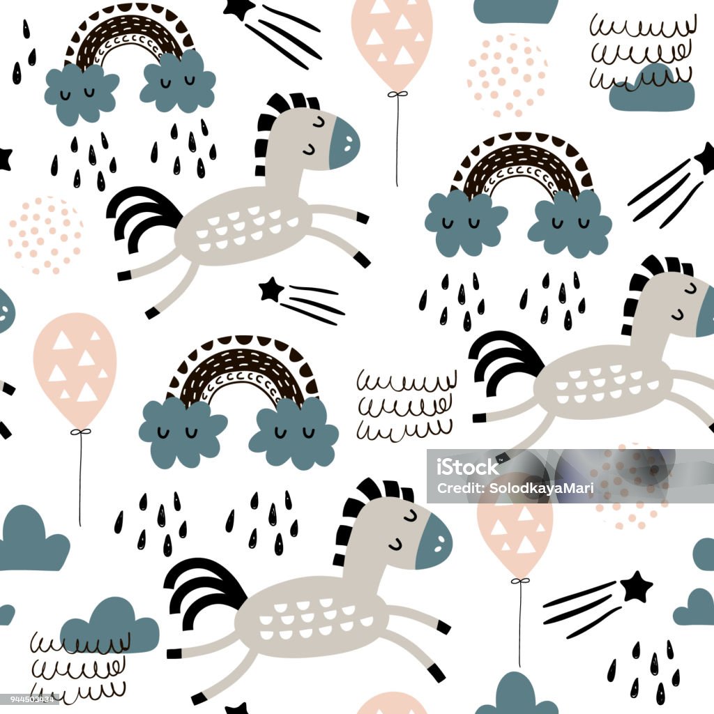 Seamless childish pattern with cute horses in the sky, rainbow. Creative kids texture for fabric, wrapping, textile, wallpaper, apparel. Vector illustration Horse stock vector