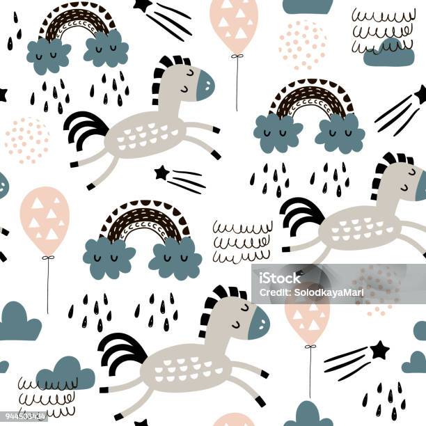 Seamless Childish Pattern With Cute Horses In The Sky Rainbow Creative Kids Texture For Fabric Wrapping Textile Wallpaper Apparel Vector Illustration Stock Illustration - Download Image Now