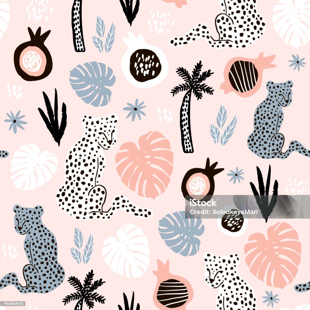 Seamless pattern with hand drawn leopards and palm leaves on pink background. Creative summer modern texture for fabric, wrapping, textile, wallpaper, apparel. Vector illustration Seamless pattern with hand drawn leopards on pink background. Creative summer modern texture for fabric, wrapping, textile, wallpaper, apparel. Vector illustration Domestic Cat stock vector