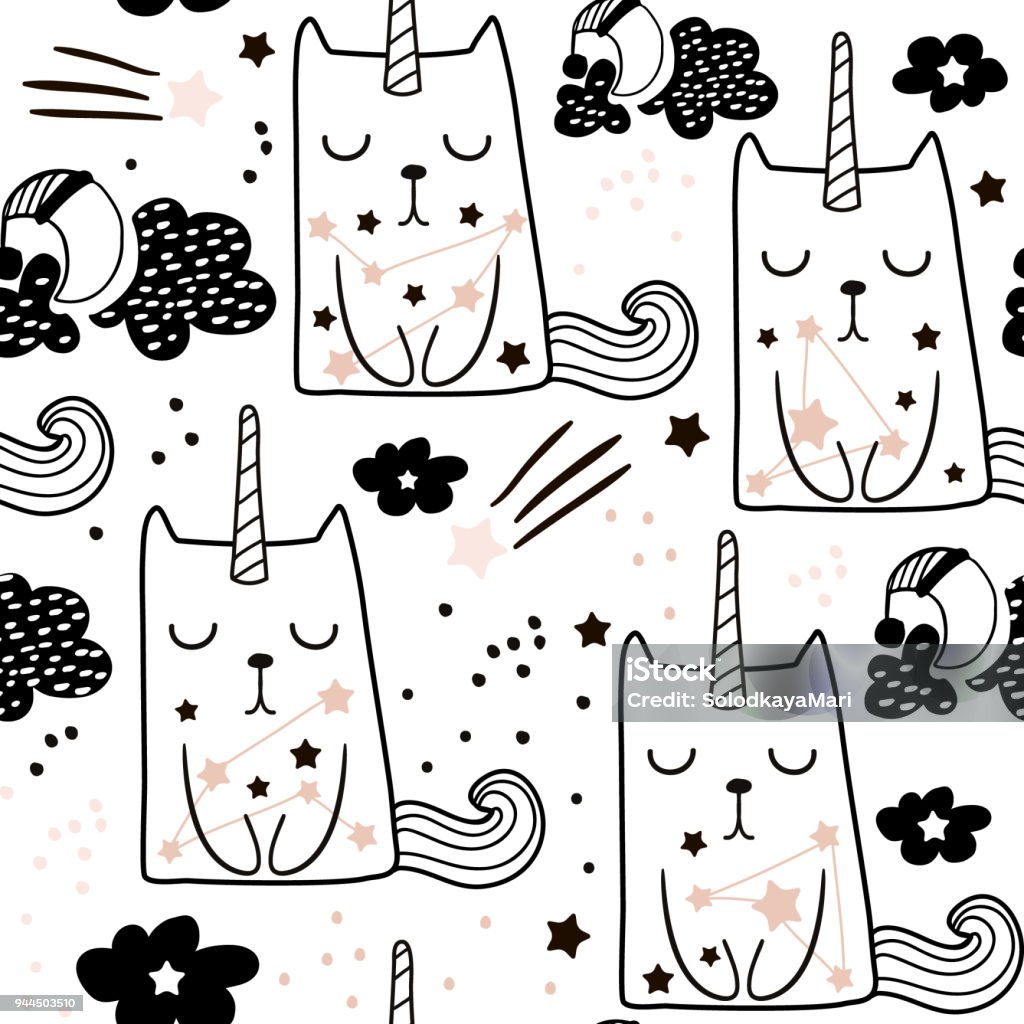 Seamless childish pattern with cute fairy cat unicorn. Creative blackand white kids texture for fabric, wrapping, textile, wallpaper, apparel. Vector illustration Animal Markings stock vector
