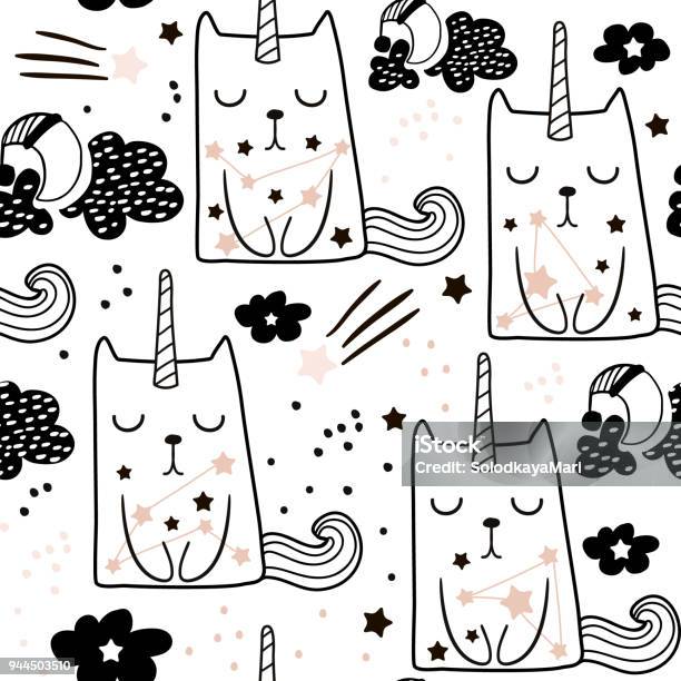 Seamless Childish Pattern With Cute Fairy Cat Unicorn Creative Blackand White Kids Texture For Fabric Wrapping Textile Wallpaper Apparel Vector Illustration Stock Illustration - Download Image Now