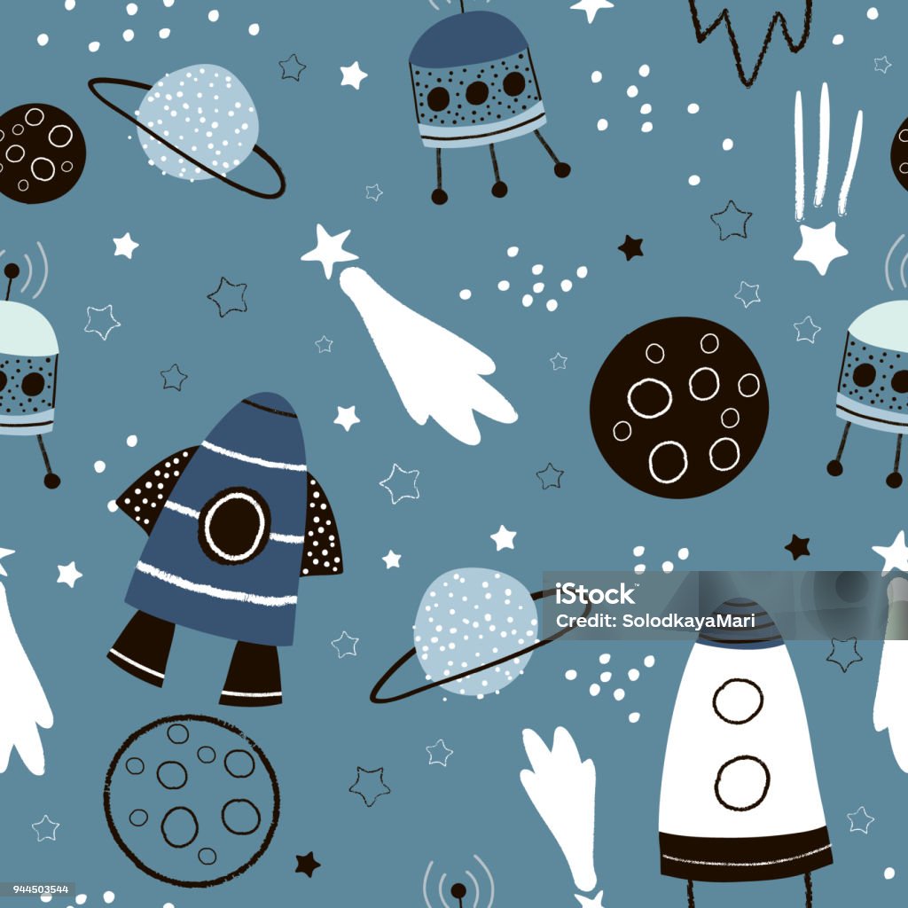 Childish seamless pattern with hand drawn space elements space, rocket, star, planet, space probe. Trendy kids vector background. Animal Imitation stock vector