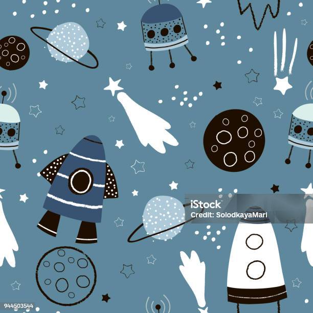 Childish Seamless Pattern With Hand Drawn Space Elements Space Rocket Star Planet Space Probe Trendy Kids Vector Background Stock Illustration - Download Image Now