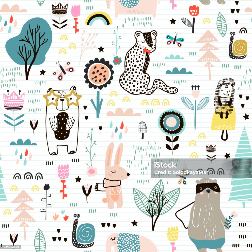 Seamless childish pattern with fairy flowers, bear,bunny, leopard, hedgehog.. Creative kids city texture for fabric, wrapping, textile, wallpaper, apparel. Vector illustration Cute stock vector