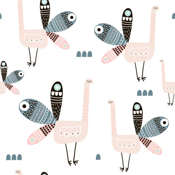 Vector illustration of Seamless pattern with creative peacocks. Creative scandinavian modern texture for fabric, wrapping, textile, wallpaper, apparel. Vector illustration