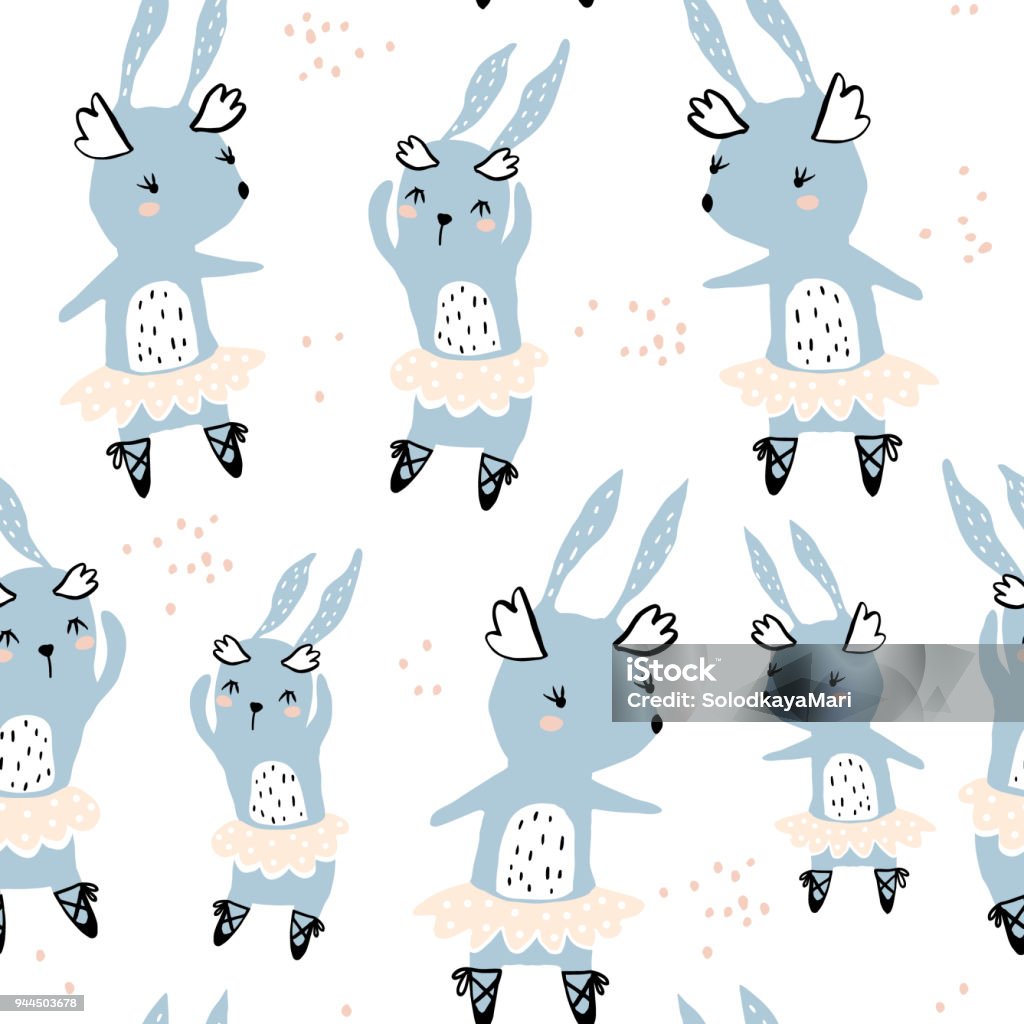 Seamless childish pattern with cute rabbits ballerines. Creative kids texture for fabric, wrapping, textile, wallpaper, apparel. Vector illustration Rabbit - Animal stock vector