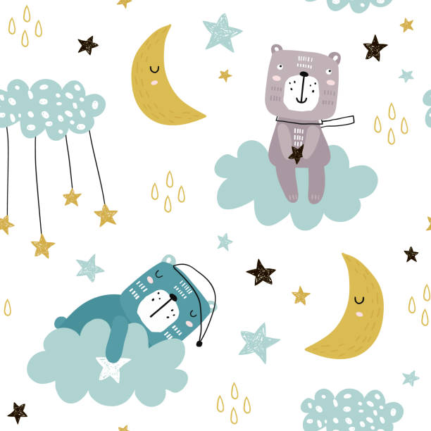Seamless childish pattern with cute bears on clouds, moon, stars. Creative scandinavian style kids texture for fabric, wrapping, textile, wallpaper, apparel. Vector illustration Seamless childish pattern with cute bears on clouds, moon, stars. Creative scandinavian style kids texture for fabric, wrapping, textile, wallpaper, apparel. Vector illustration moon drawings stock illustrations