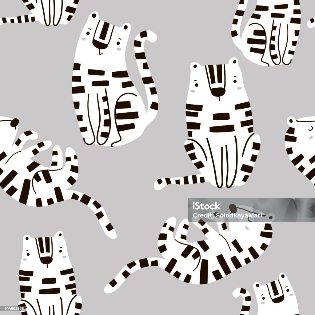 Seamless childish pattern with cute tigers in black and white style. Creative kids texture for fabric, wrapping, textile, wallpaper, apparel. Vector illustration Animal Markings stock vector