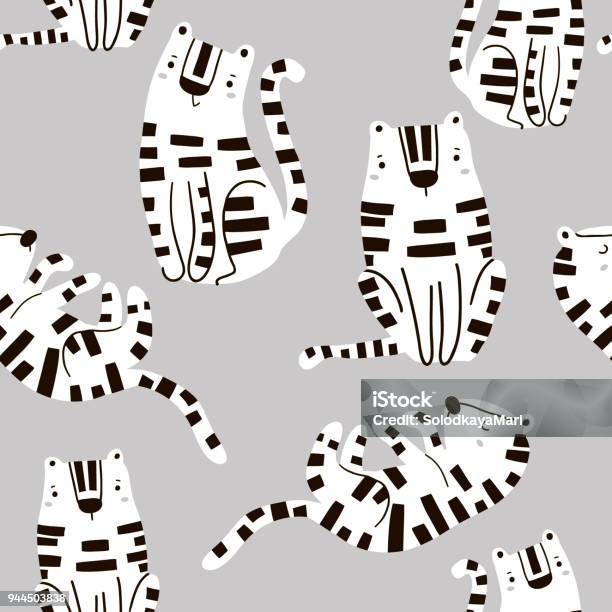 Seamless Childish Pattern With Cute Tigers In Black And White Style Creative Kids Texture For Fabric Wrapping Textile Wallpaper Apparel Vector Illustration Stock Illustration - Download Image Now