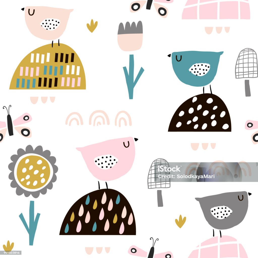 Seamless childish pattern with fairy flowers, birds, butterflies. Creative kids texture for fabric, wrapping, textile, wallpaper, apparel. Vector illustration Animal Markings stock vector