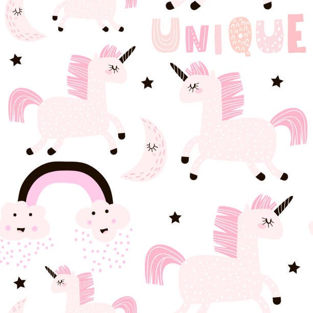 illustrazioni stock, clip art, cartoni animati e icone di tendenza di motivo infantile senza cuciture con grazioso unicorno fatato. texture creativa rosa bianca per bambini per tessuto, involucro, tessile, carta da parati, abbigliamento. illustrazione vettoriale - fashion palette