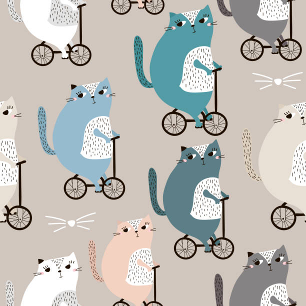 bezszwowy wzór z uroczymi kotami bycycling. kreatywna dziecinna tekstura. doskonały do tkanin, tekstylnych ilustracji wektorowych - key pattern stock illustrations