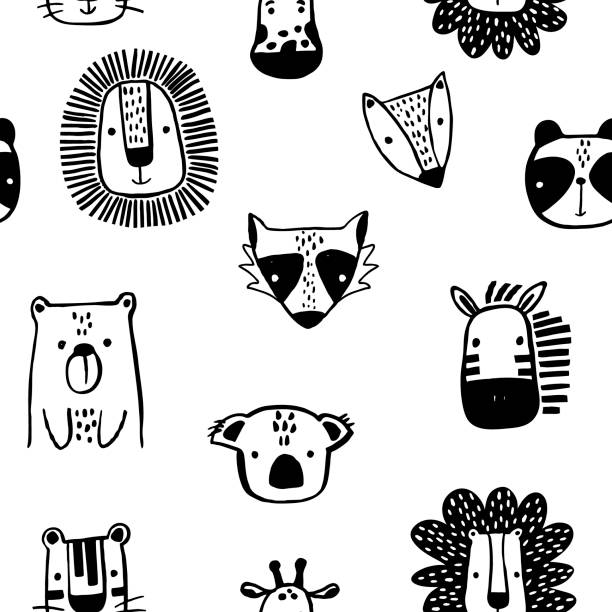 かわいいインクでシームレスな幼稚なパターンは、黒と白のスタイルで動物を描画します。折り返し、テキスタイル、壁紙、衣料品の生地のための創造的な北欧子供テクスチャです。ベクト� - giraffe print点のイラスト素材／クリップアート素材／マンガ素材／アイコン素材