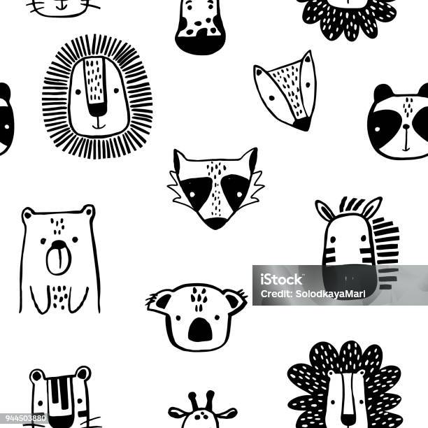 かわいいインクでシームレスな幼稚なパターンは黒と白のスタイルで動物を描画します折り返しテキスタイル壁紙衣料品の生地のための創造的な北欧子供テクスチャですベクト - 動物のベクターアート素材や画像を多数ご用意