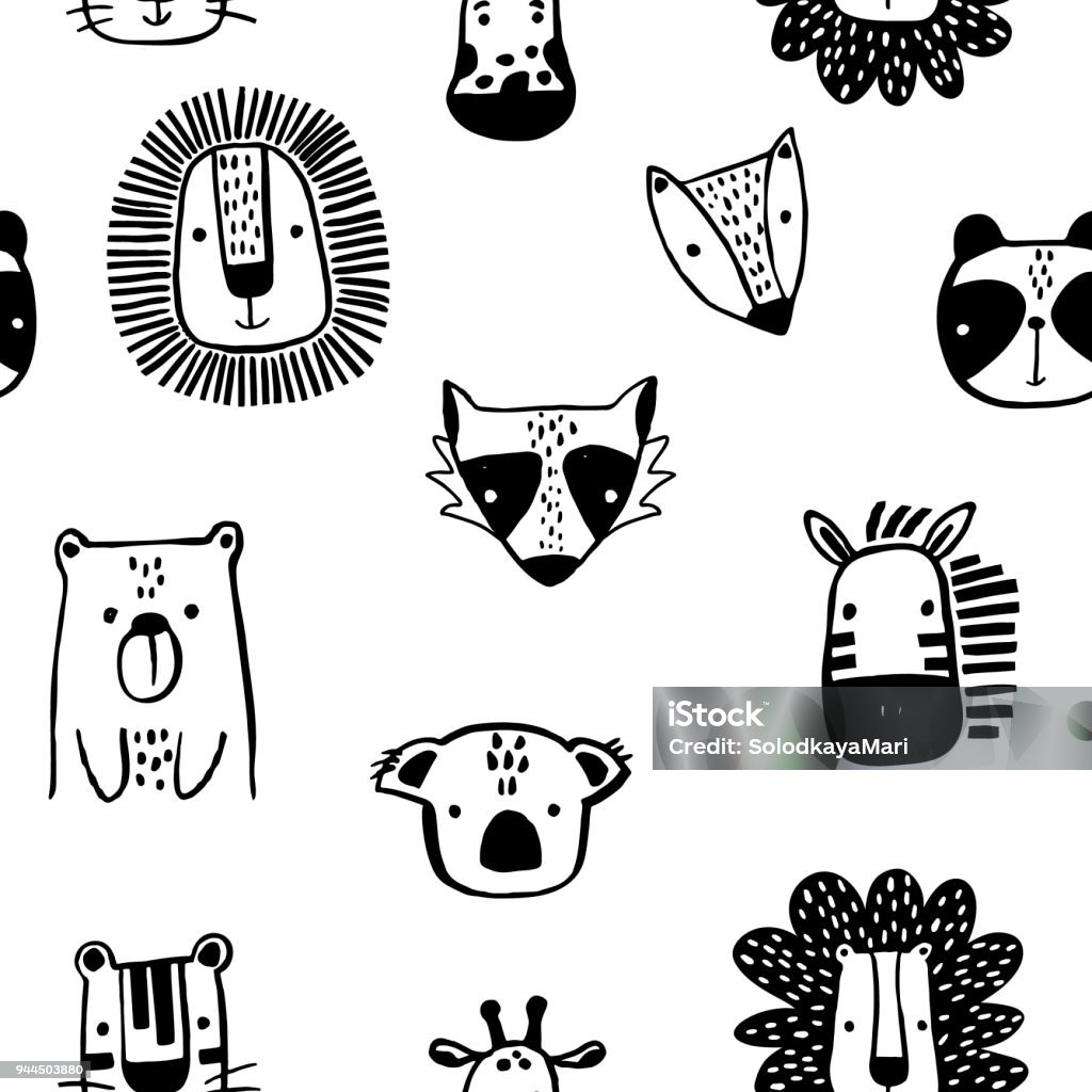 Sem costura padrão infantil com tinta bonita desenhado animais em estilo preto e branco. Textura criativa crianças escandinavo para a tela, envolvimento, têxteis, papel de parede, vestuário. Ilustração vetorial - Vetor de Animal royalty-free