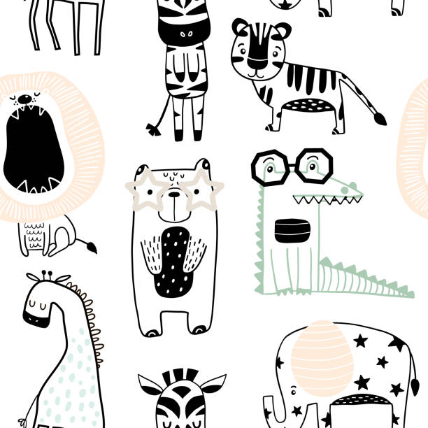 illustrazioni stock, clip art, cartoni animati e icone di tendenza di motivo infantile senza cuciture con animali carini in stile bianco e nero. texture creativa scandinava per bambini per tessuto, involucro, tessile, carta da parati, abbigliamento. illustrazione vettoriale - fashion palette