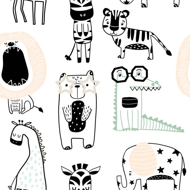 bildbanksillustrationer, clip art samt tecknat material och ikoner med sömlös barnslig mönster med söta djur i svart och vit stil. kreativa skandinaviska barn konsistens för tyg, inslagning, textil, tapeter, kläder. vektorillustration - animal doodle