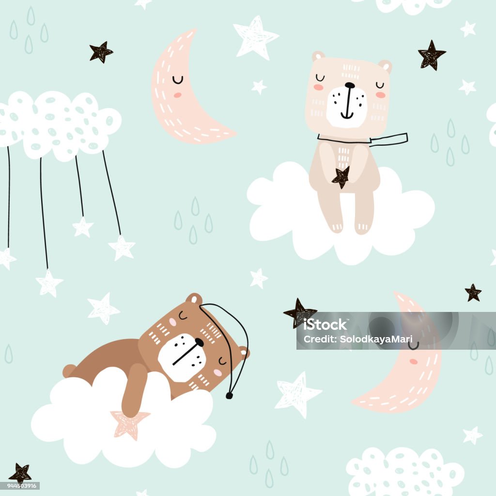 Seamless childish pattern with cute bears on clouds, moon, stars. Creative scandinavian style kids texture for fabric, wrapping, textile, wallpaper, apparel. Vector illustration Baby - Human Age stock vector