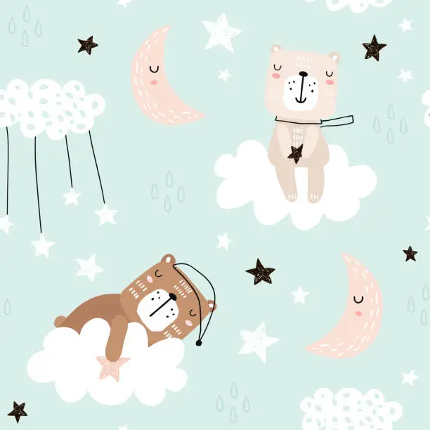 Vector illustration of Seamless childish pattern with cute bears on clouds, moon, stars. Creative scandinavian style kids texture for fabric, wrapping, textile, wallpaper, apparel. Vector illustration