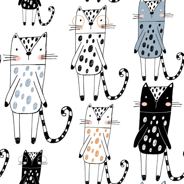 ilustraciones, imágenes clip art, dibujos animados e iconos de stock de sin fisuras patrón infantil con divertidos gatos en blanco y negro estilo. textura creativa niños escandinavos para la tela, embalaje, textil, papel tapiz, prendas de vestir. ilustración de vector - fashion palette
