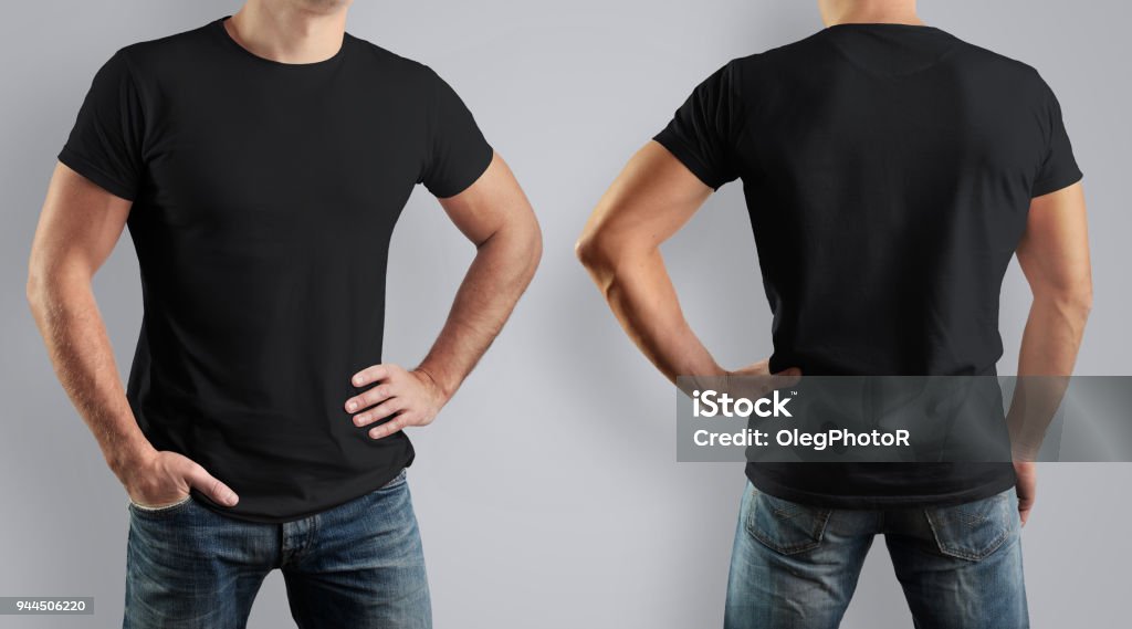 Mockup Black Tshirt On Strong Man On Gray Background Front View And Back  Stock Photo - Download Image Now - Istock