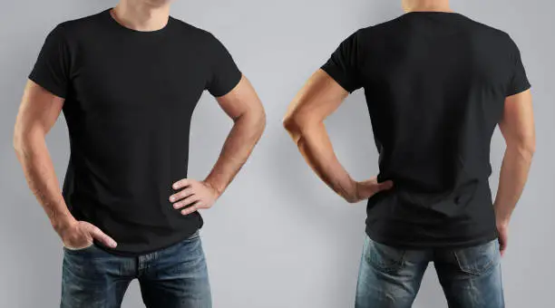Mockup  black t-shirt on strong man on gray background. Template for presentation of clothes. Front view and back.