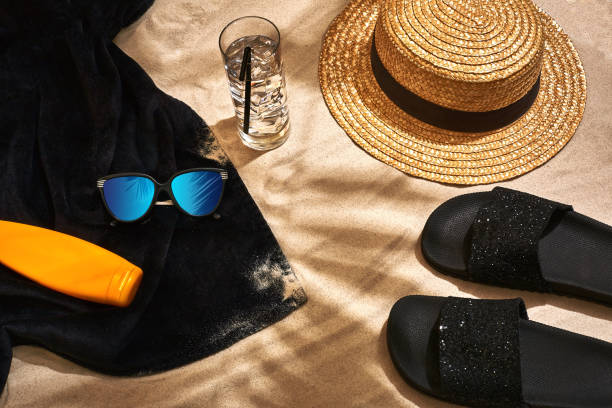 istock Summer background with straw hat, sunglasses, sunscreen bottle and flip flops 944506362
