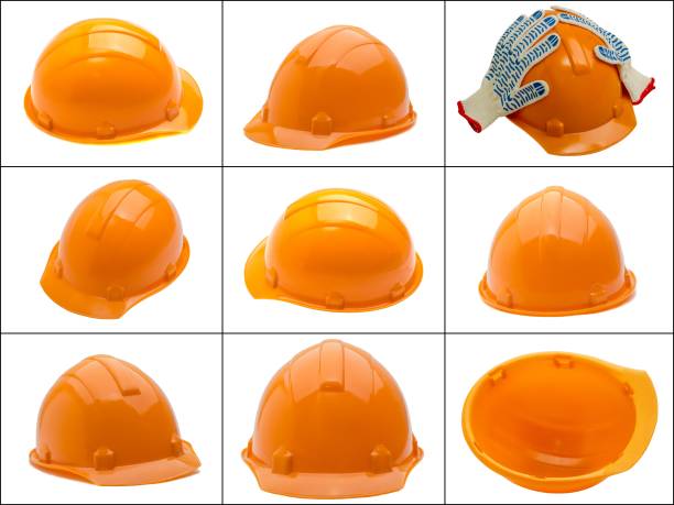 Set of yellow  helmets isolated on white background