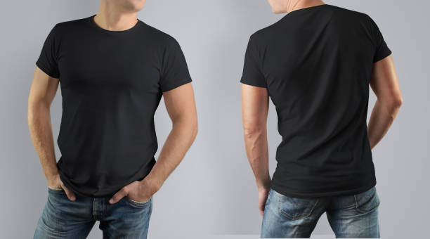 istock Mockup  black t-shirt on muscular guy on gray background. 944506466