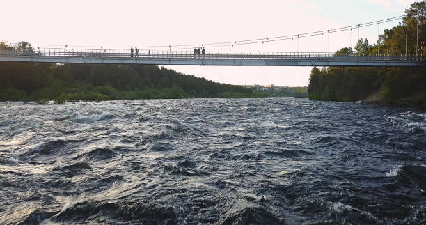 Aerial View from Drone of Rough Niva River flowing through the Kandalaksha Town in Russia