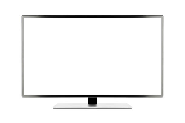 tv plana 4k ecrã lcd ou oled, plasma, ilustração realista, maquete em branco branco do monitor hd com traçado de recorte - televisor - fotografias e filmes do acervo