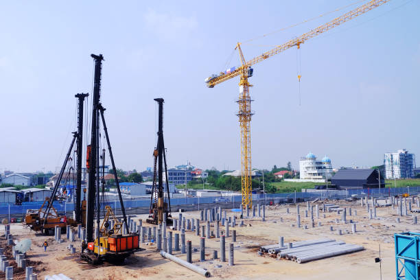 istock Bore pile rig machine at the construction site in. The machine used to driven pile for building foundation work. new building at construction site. 944515576