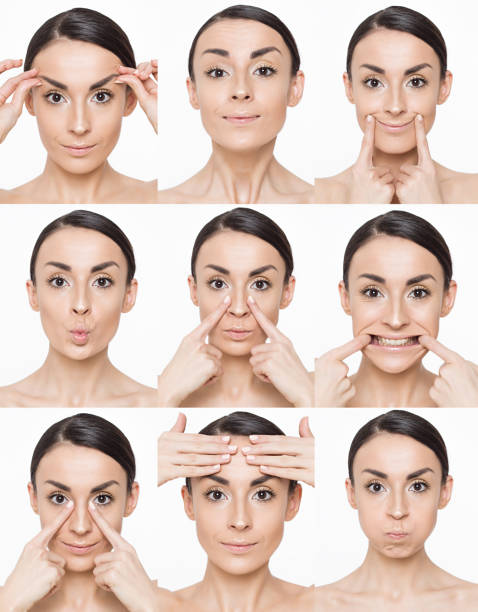 Collage of a sequence Massage for face. stock photo