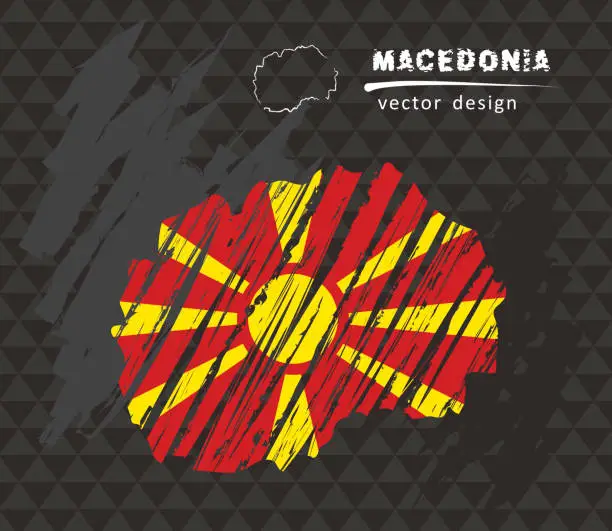 Vector illustration of Macedonia national vector map with sketch chalk flag. Sketch chalk hand drawn illustration