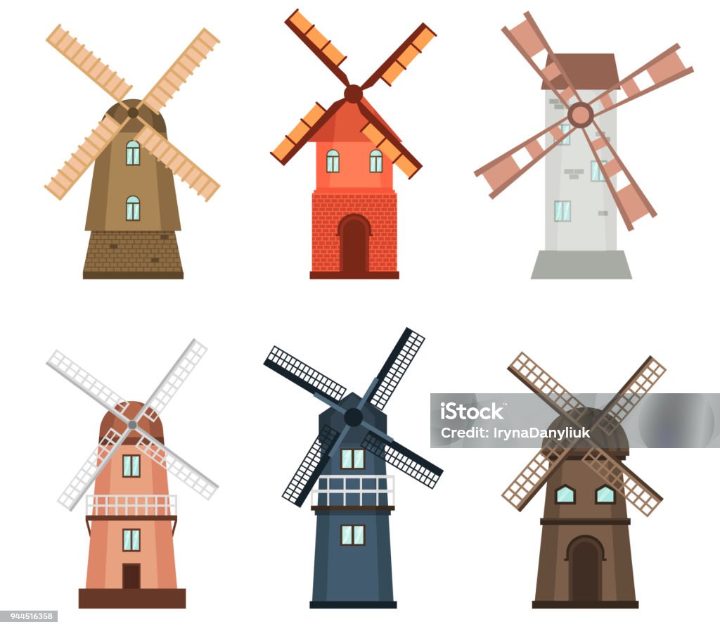 Windmill traditional rural wind energy mill farm power ecology watermill vector illustration. Windmill traditional rural wind energy mill farm power ecology watermill vector illustration. Electricity generator propeller technology agriculture tower, alternative energy generation turbine. Windmill stock vector