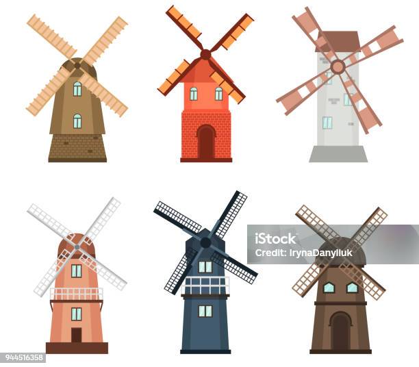 Windmill Traditional Rural Wind Energy Mill Farm Power Ecology Watermill Vector Illustration Stock Illustration - Download Image Now