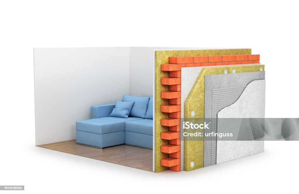 close-up view of the cross-section of the wall. All layers. heat insulation. 3d illustration Insulation Stock Photo