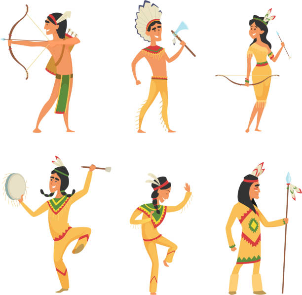 만화 스타일에서 문자를 설정 합니다. 전통적인 아메리카 인디언 - north american tribal culture arrow arrowhead bow and arrow stock illustrations
