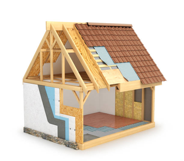 istock frame house, which shows a scheme for installing hot walls and waterproofing roofs. 3d illustration 944519616