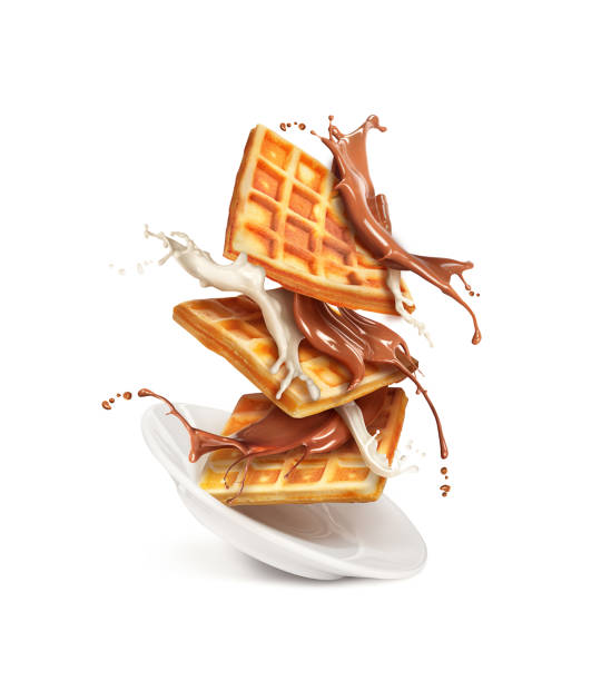 istock Belgian waffles with milk and chocolate on a plate isolated on white background 944519670