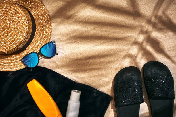 istock Summer background with straw hat, sunglasses, sunscreen bottle and flip flops 944520030