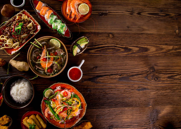 istock Various of asian meals on rustic background , top view , place for text 944522740