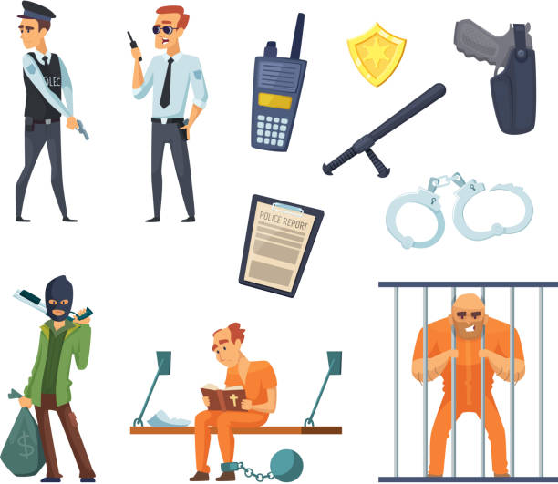 ilustraciones, imágenes clip art, dibujos animados e iconos de stock de policías y criminales personajes - american justice audio