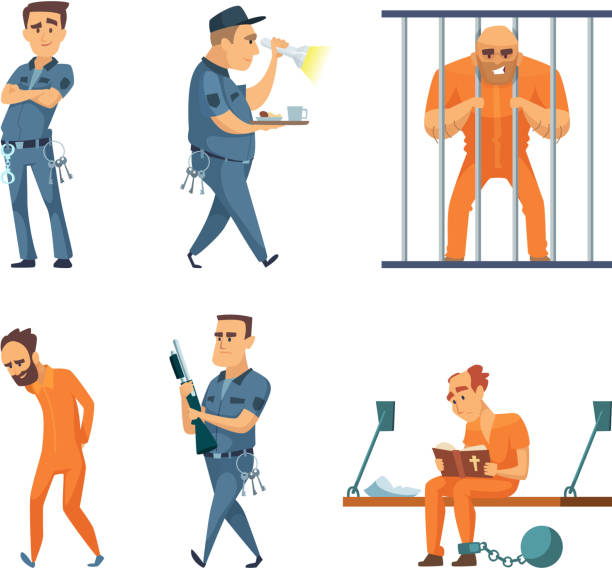 illustrazioni stock, clip art, cartoni animati e icone di tendenza di set di personaggi di guardie e prigionieri - orange uniform