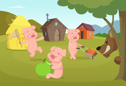 Three little pigs near their small houses and scary wolf. Three pigs and house, fairytale story. Vector illustration
