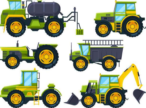 landwirtschaftliche maschinen. farbige abbildungen im cartoon-stil - landwirtschaftliches gerät stock-grafiken, -clipart, -cartoons und -symbole