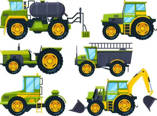 Vector illustration of Agricultural machinery. Colored pictures in cartoon style