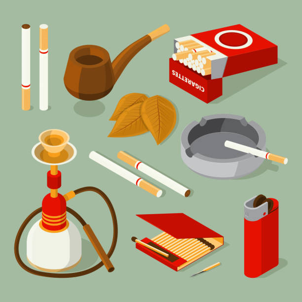 ilustrações de stock, clip art, desenhos animados e ícones de isometric pictures of different accessories for smokers - cigarette tobacco symbol three dimensional shape