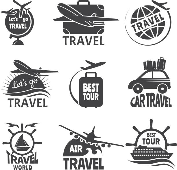 Vector label or logos forma travelling theme. Monochrome pictures of airplanes Vector label or logos forma travelling theme. Monochrome pictures of airplanes. Illustration of travel label logo, airplane and ship, trip tour, vacation and voyage travel logo stock illustrations