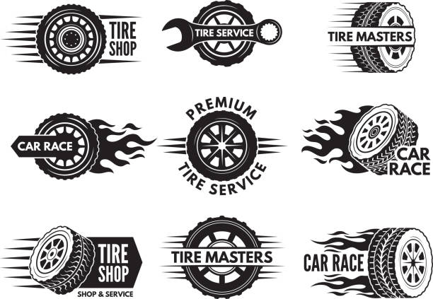 Race logos with pictures of different cars wheels Race logos with pictures of different cars wheels. Vector car automobile wheel logo, auto tire service illustration wheel illustrations stock illustrations
